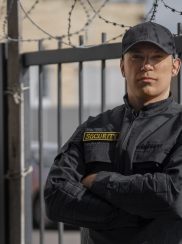 portrait-male-security-guard-with-barbed-wire-fence portrait-male-security-guard-with-barbed-wire-fence