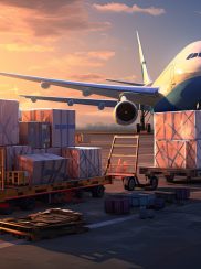 vecteezy_airplane-and-cargo-in-the-airport-at-sunset-3d-rendering_28576282 Airplane and cargo in the airport at sunset. 3d rendering, airplane cargo transportation by plane, unloading containers of boxes at the airport, AI Generated